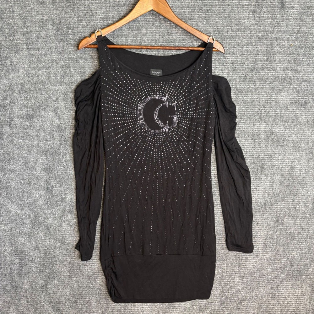 COOGI Womens Black Cold Shoulder Rhinestone Logo Long Sleeve Dress Medium Y2K